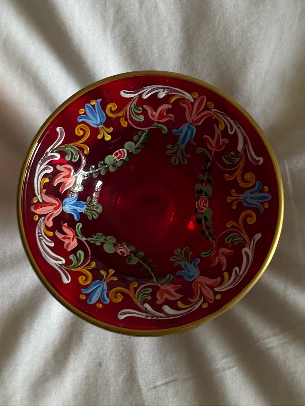 Vintage Italian Murano Glass Dish Hand-painted with Floral Motif and Gold Edge